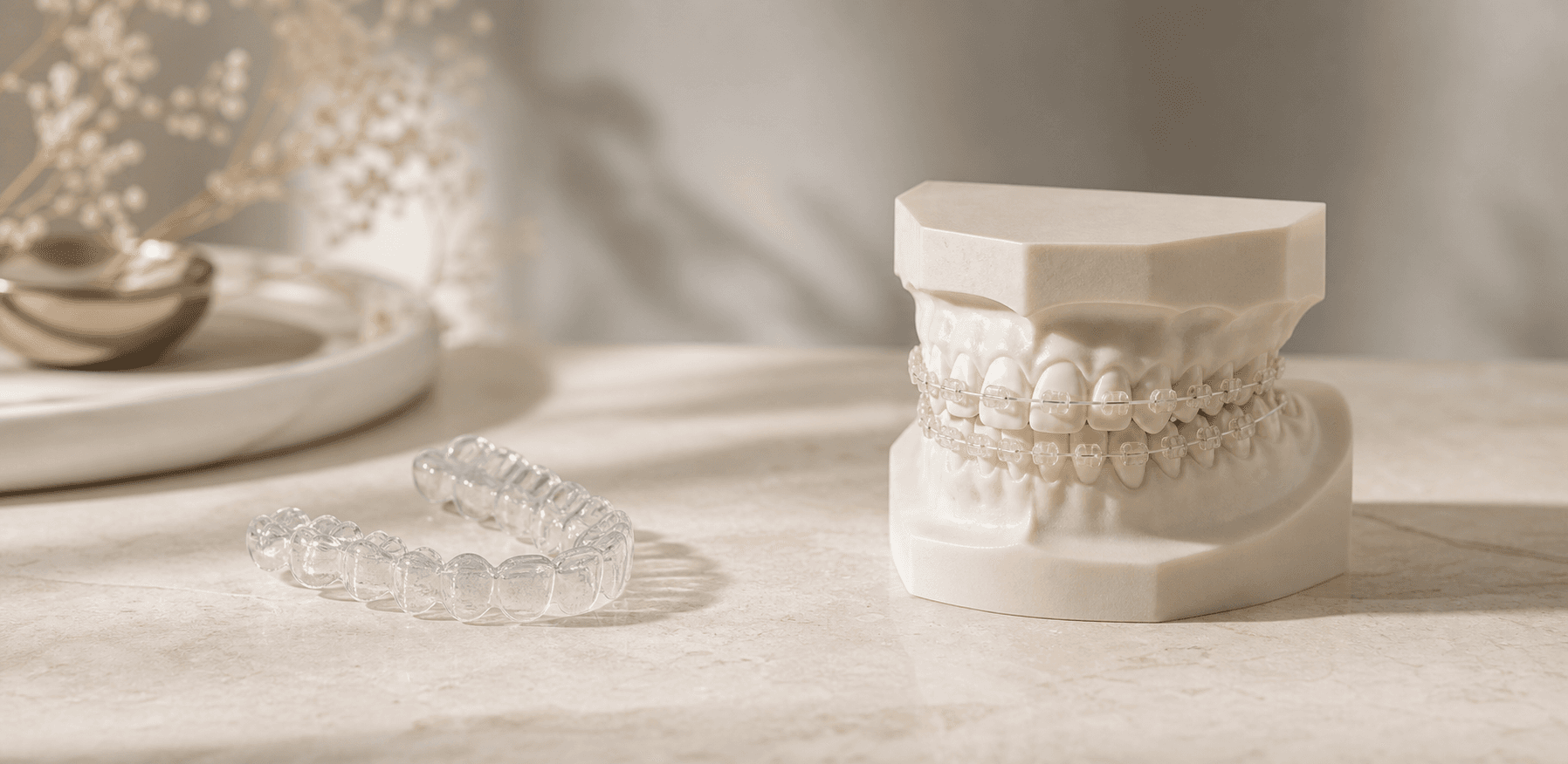 Illustration comparing clear Invisalign aligners with traditional braces