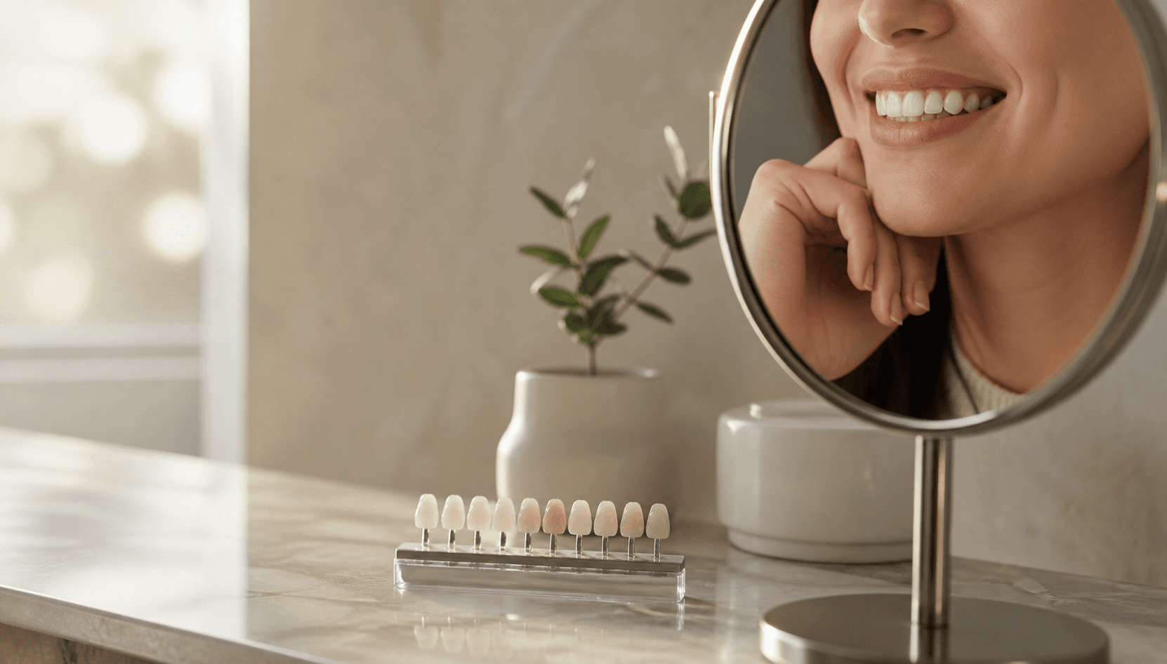 Illustration of a bright, even smile representing cosmetic dental results