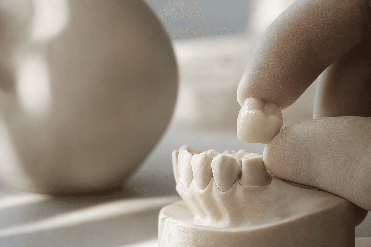 Dental crown displayed beside a tooth model showing how full-coverage restoration works