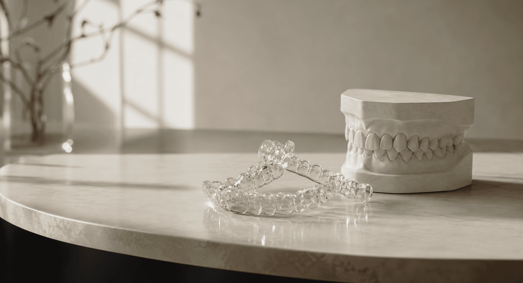 A clear Invisalign aligner tray held between two fingers