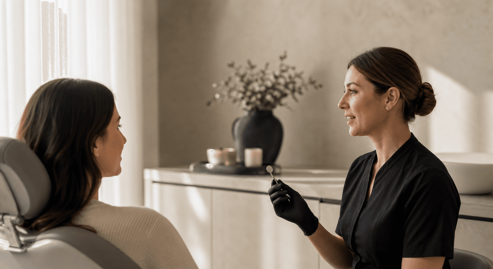 Dentist performing a routine oral cancer screening as part of a checkup